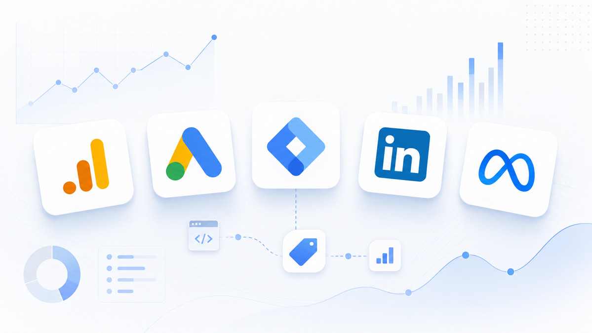 GA4, Google Ads, Google Tag Manager, LinkedIn, and Meta platform logos connected by a tracking infrastructure diagram.