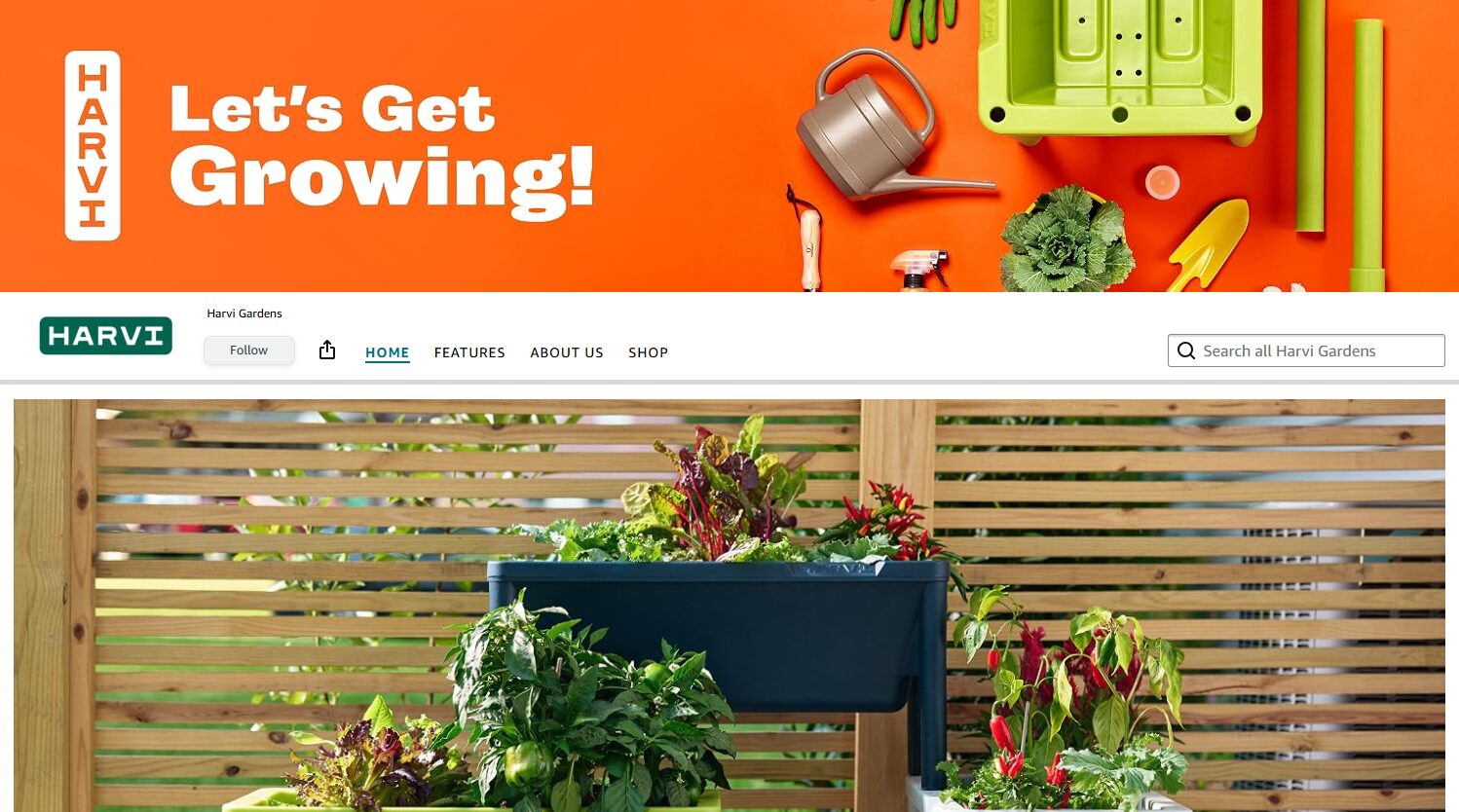 Harvi branded Amazon storefront featuring product photography and the Let’s Get Growing campaign.