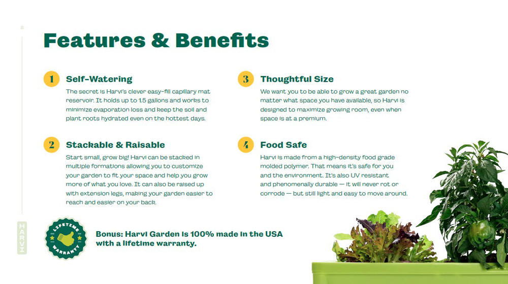 Harvi product features and benefits, including self-watering, modular configurations, food-safe materials, and small-space functionality.