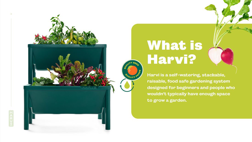 Product overview describing Harvi as a self-watering, stackable, and raisable gardening system for beginners and small spaces.