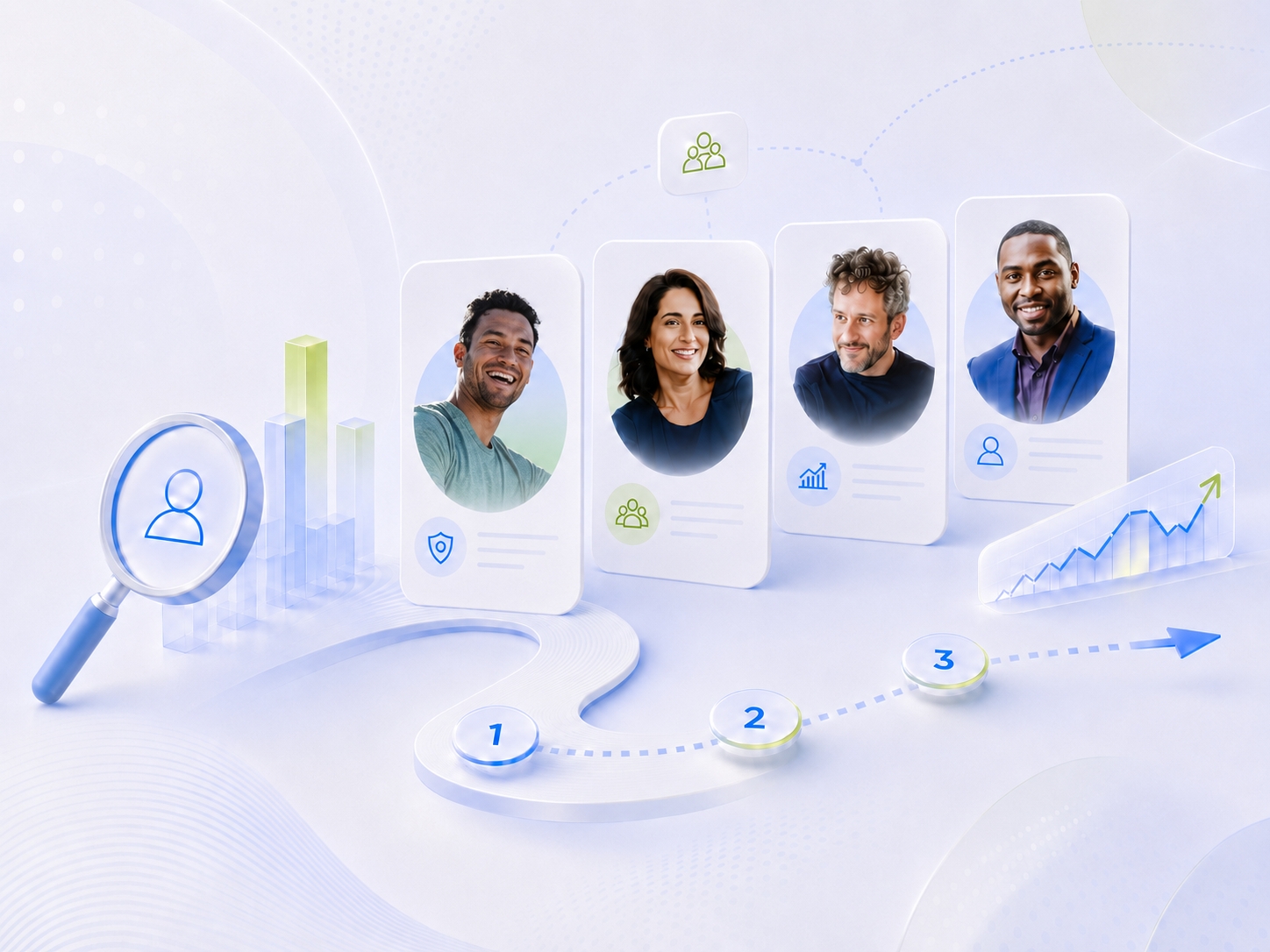 Illustration of investor personas connected along a customer journey path with growth chart.