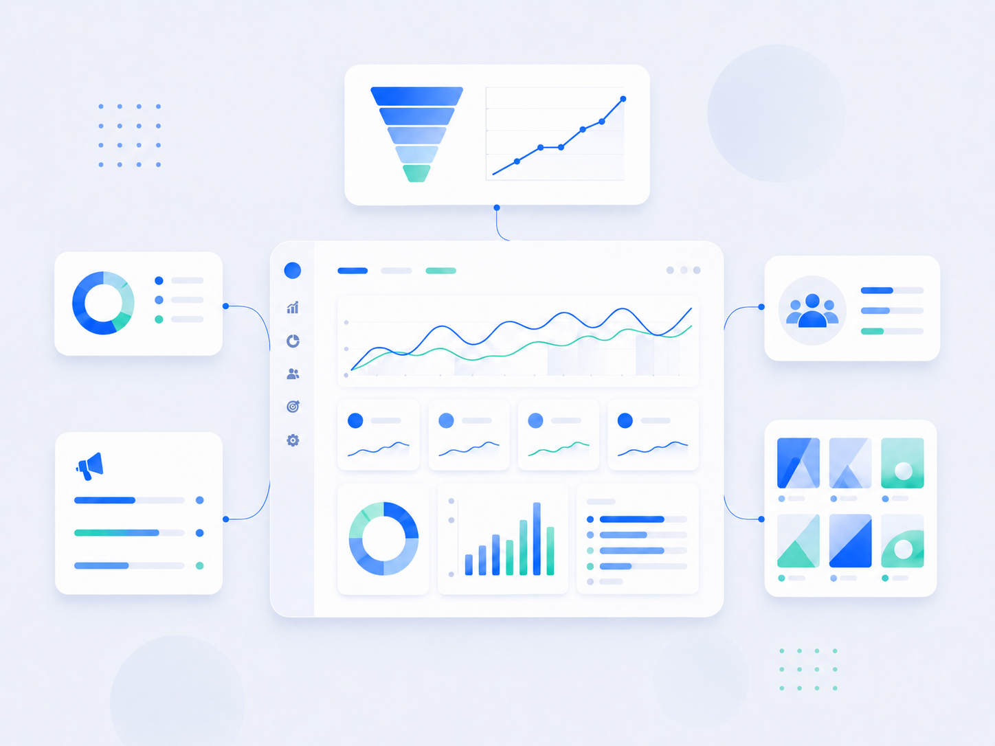 Marketing analytics dashboard illustration showing a conversion funnel, trend lines, donut charts, and connected data panels representing multichannel paid media performance.